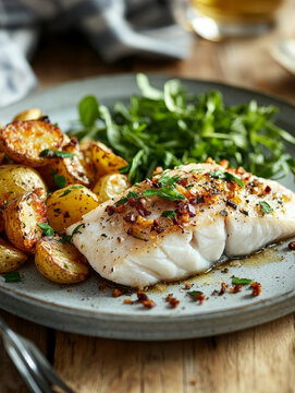 Garlic herb baked fish with roasted potatoes and greens