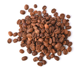 Heap of Roasted coffee bean isolated on white background. Top view