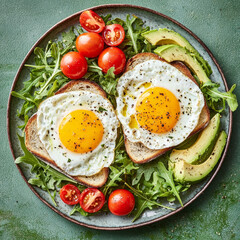 Fried eggs on toast with avocado and salad