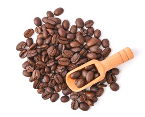 Roasted coffee bean with scoop isolated on white background. Top view