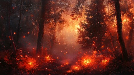 Enchanting Red Magic Misty Forest with Mysterious Lights
