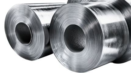 Steel rolls stacked against a white isolated background for industrial use.