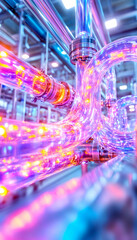 Colorful illuminated pipes in a complex industrial system