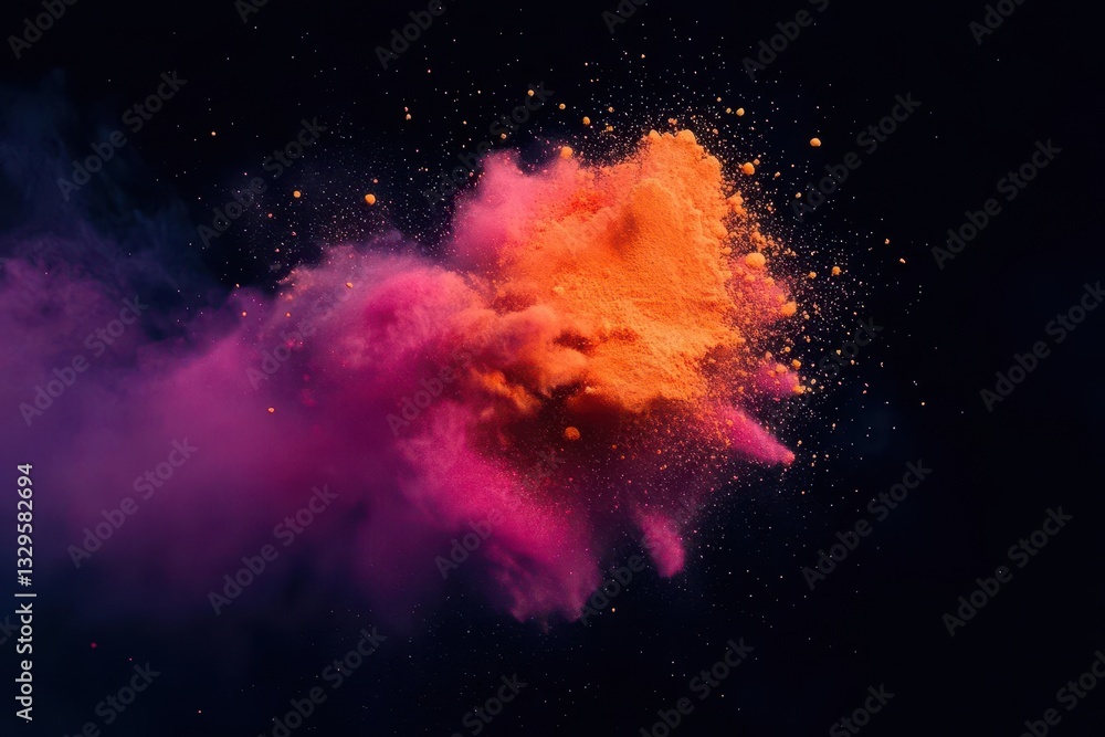 Poster vibrant explosion of colorful paint powder creating dynamic abstract cloud formation against dark ba