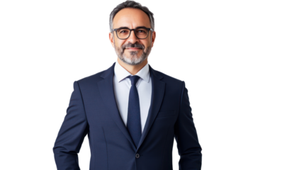Confident businessman in a navy suit, standing against a white background, exuding professionalism and approachability.