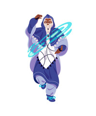 Old black magician in cloak with hood casting spells. Magic character, medieval witch does witchcraft. Bearded wizard, sorcerer controls water. Flat isolated vector illustration on white background