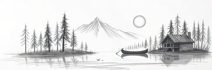 Obraz premium A serene, monochromatic sketch features a cabin by a lake, framed by pine trees and mountains. The simple, hand-drawn artwork evokes a sense of tranquility and rustic beauty.
