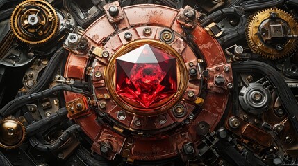 Fototapeta premium A red diamond as a central power source of a futuristic engine, surrounded by gears and cables, steampunk style, bronze and red hues, hyper-detailed