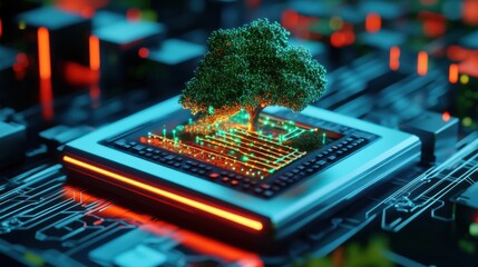 Futuristic AI-powered environmental monitoring system analyzing real-time climate data, advanced weather forecasting with glowing holographic interfaces, 