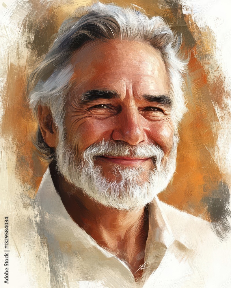 Poster warm and inviting portrait of a smiling older man with expressive features and a gentle wise demeano
