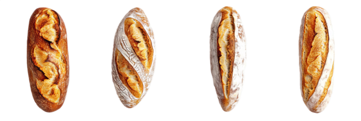 Different styles of artisan bread loaves are displayed, each featuring unique crust patterns and textures. The loaves exhibit a beautiful range of colors and shapes, emphasizing craftsmanship