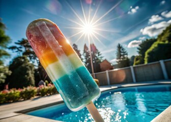 Melting vibrant popsicle under sunlight by a poolside colorful frozen treat summer scene bright outdoor setting refreshing concept