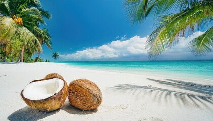 Obraz premium Tropical Beach Paradise with Fresh Coconuts on White Sand, palm trees. Summer Vacation and Natural Refreshment Concept