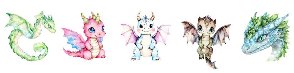 Fototapeta premium Cute Baby Dragons Collection. Fantasy Creatures For Children Art And Decor Watercolor Set Illustration Isolated On Transparent Background