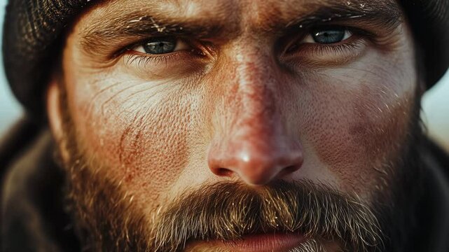 Weathered mature caucasian male adventurer with beanie and beard in close-up portrait, tired worker