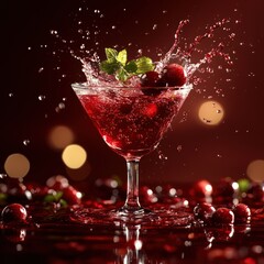 Cranberry juice splashing into a cocktail glass, rich red tones, dynamic motion