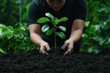Nurturing young plant in rich soil, surrounded by vibrant greene