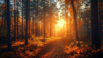 Vibrant Autumn Sunset in Serene Forest Setting