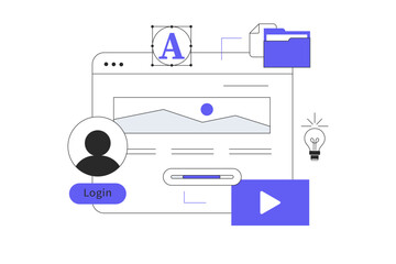 Website template design. Web page design for website and mobile website development. Designer doing research and prototype. Flat Cartoon Vector Illustration, icon. Stylish abstract design for website