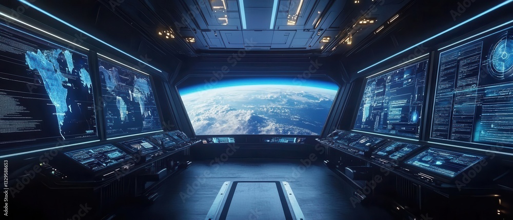 Poster advanced space station command center with holographic displays and earth view through panoramic win