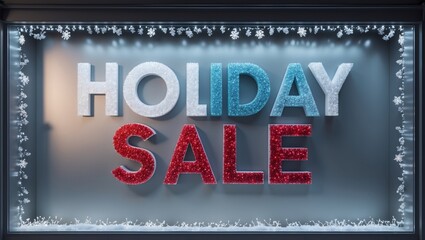 Festive holiday sale signage twinkling in a store window display view.