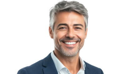 Confident and cheerful businessman smiling warmly for the camera against a white background.