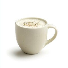 Creamy beige latte art mug, studio shot, white background, drink menu