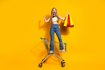 Excited young woman standing in a shopping cart holding colorful bags against a bright yellow...