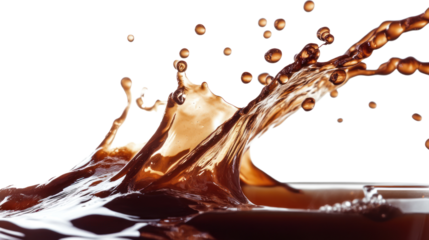 Splashing liquid in motion, showcasing dynamic coffee or tea splash against a white background.