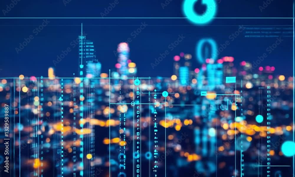 Poster digital cityscape: a nighttime metropolis illuminated by technology and data streams