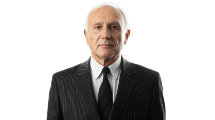 Confident senior man in business suit, standing with a serious expression against a white background.