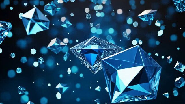Luxurious shining rich dark blue diamonds hover in the air, sparkling crystals, gemstone background
