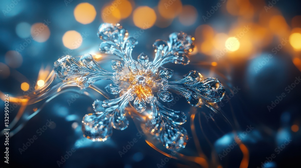 Poster sparkling snowflake in bokeh background