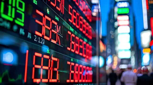 falling exchange rate, quotes, screen with red numbers on the street of a night city, people, economy, money, market value, stocks, bond, economic crisis, recession, financial loss 