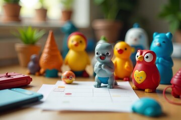 A colorful collection of toys arranged neatly on a desk, vibrant, childhood, playtime