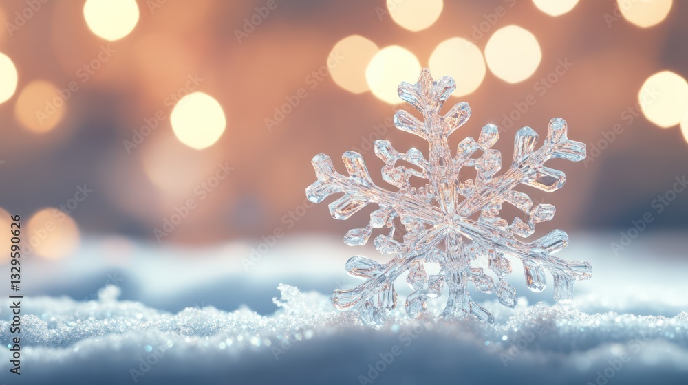 Poster clear snowflake on snow, bokeh background