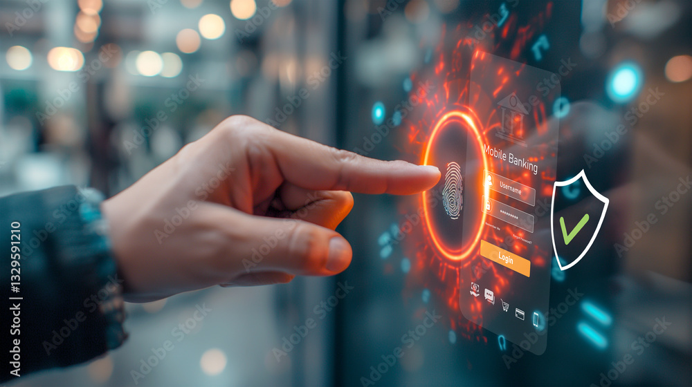 Poster a finger touches a futuristic holographic interface, activating fingerprint recognition as an advanc