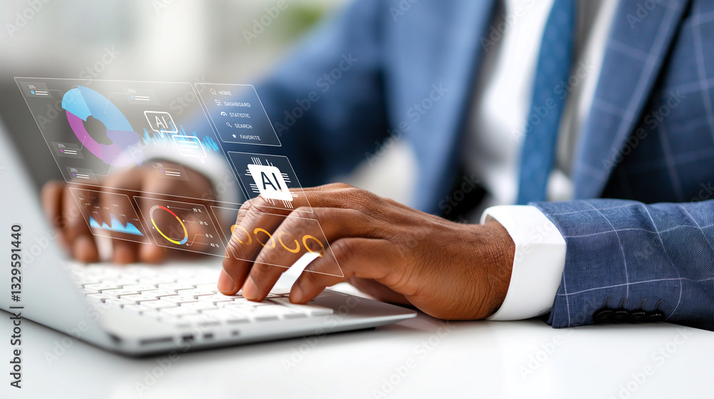 Poster a close-up view of a businessman's hands typing on a laptop, overlaid with a holographic interface d
