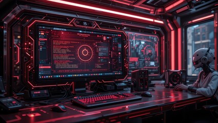 Obraz premium Futuristic workspace featuring high-tech equipment, vibrant red lighting, and a focus on digital interfaces and innovation.