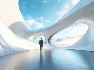 Fototapeta premium Businessman standing in a futuristic, minimalistic architectural space with blue sky and curved white walls
