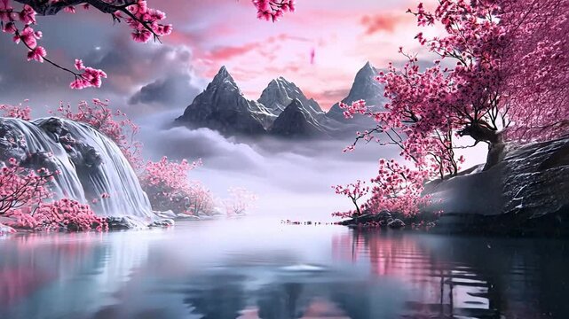 A tranquil view of a lake surrounded by blooming cherry blossom trees and towering mountains. Soft clouds billow in the early morning light, creating a peaceful atmosphere