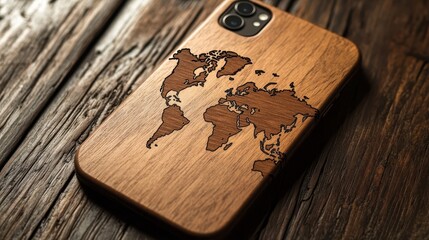 A wooden cell phone case with the detailed world map design