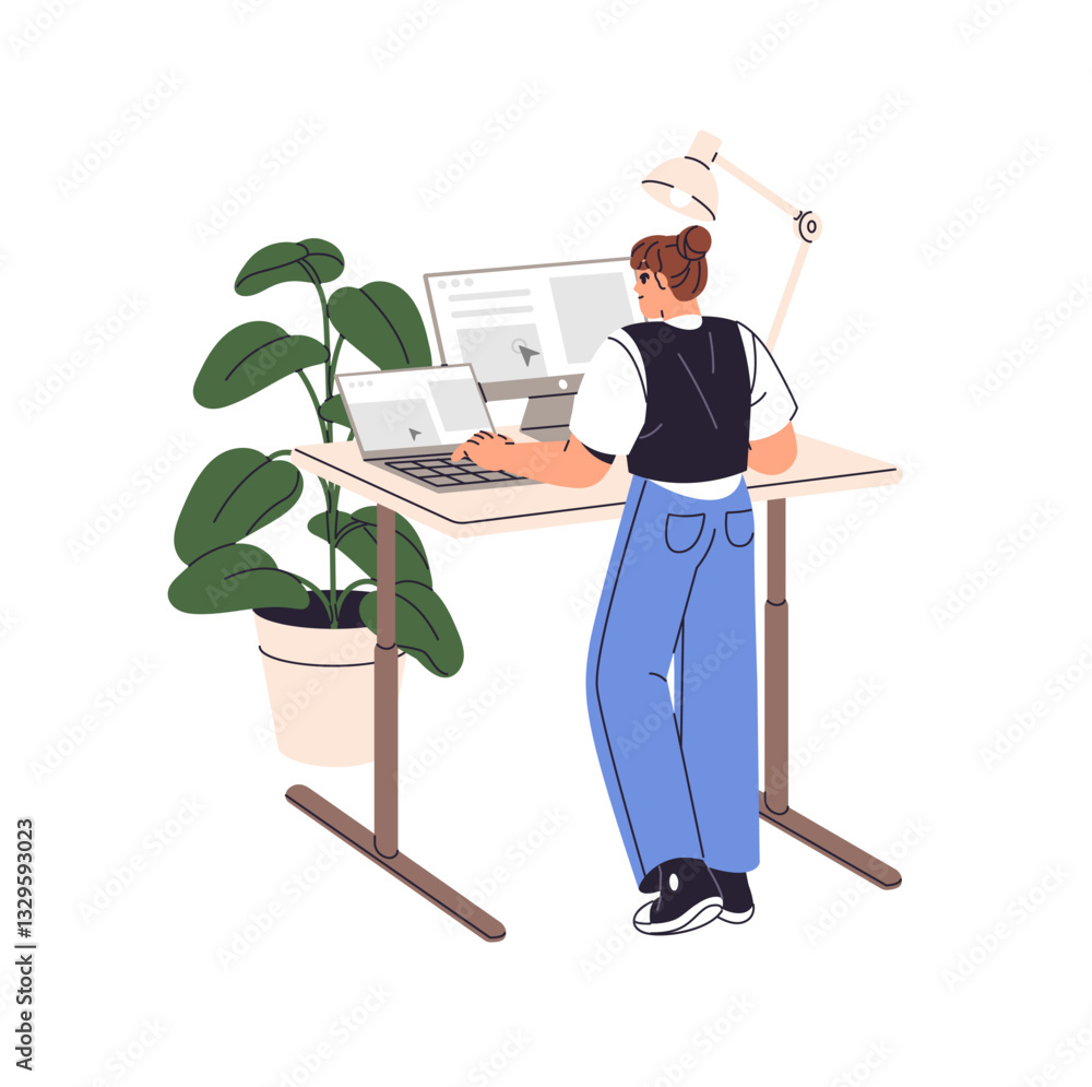 Poster office worker typing on laptop at the standing desk back view. employee works in desktop computer at