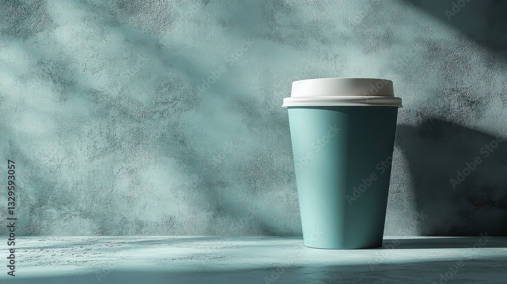 Poster a mint colored coffee cup is placed on a textured surface, illuminated by soft natural light that cr