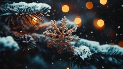 Snowy Christmas Tree with Snowflake Ornament