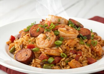 Savoring spicy cajun-style jambalaya with shrimp and sausage a culinary delight from louisiana's kitchen