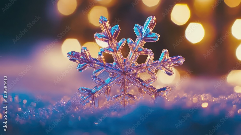 Poster crystal snowflake in snow with bokeh lights