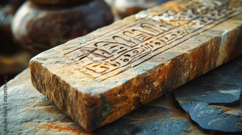 Poster carved stone block displays ancient symbols and weathered textures up close