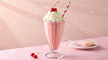 Pink Milkshake with Whipped Cream and Cherry