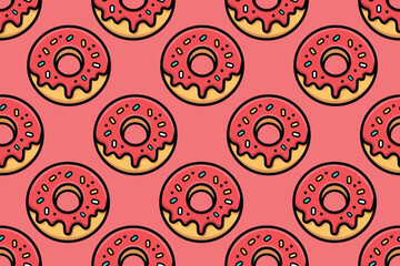 Seamless Pattern of Pink Strawberry Donuts with Sprinkles on Pink Background